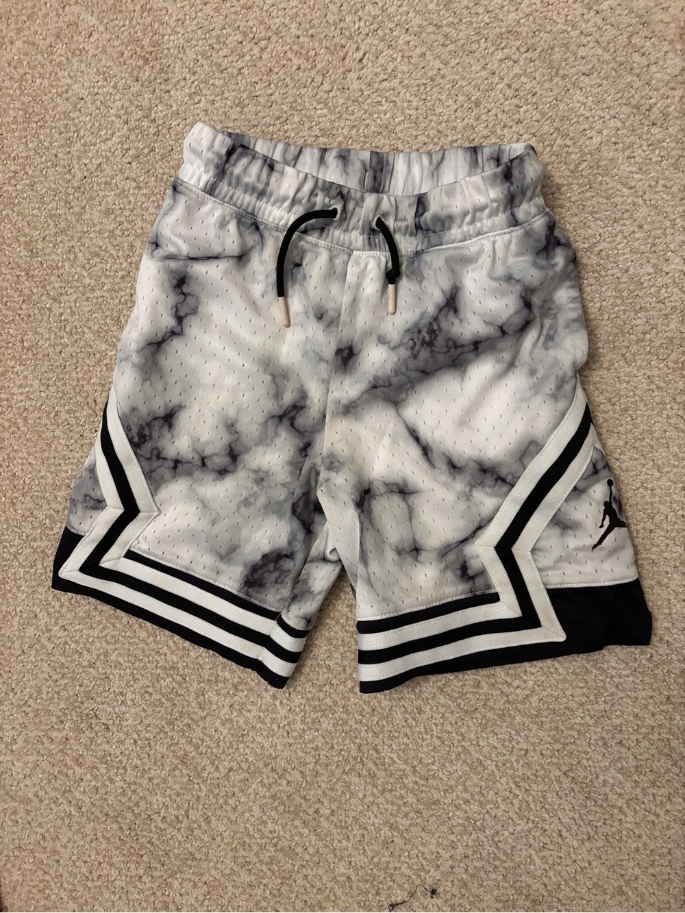 Jordan Marble-Print Athletic Shorts in White and Black